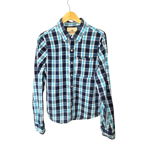 Hollister Mens Blue Plaid Long-Sleeve Button-Up Shirt RARE Size L - Picture 1 of 4